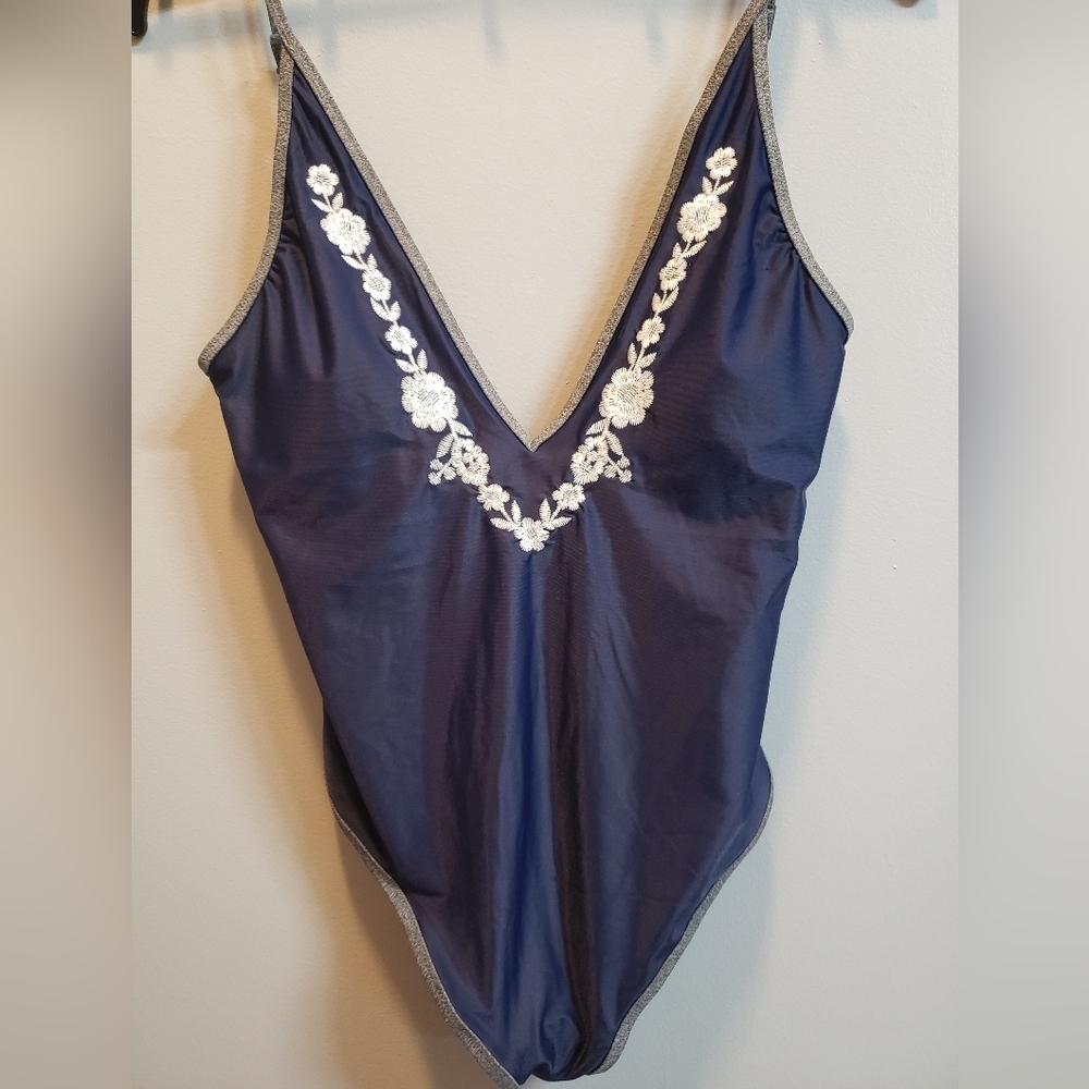 Aerie Navy Blue with White Embroidered Flowers Swimsuit, Medium